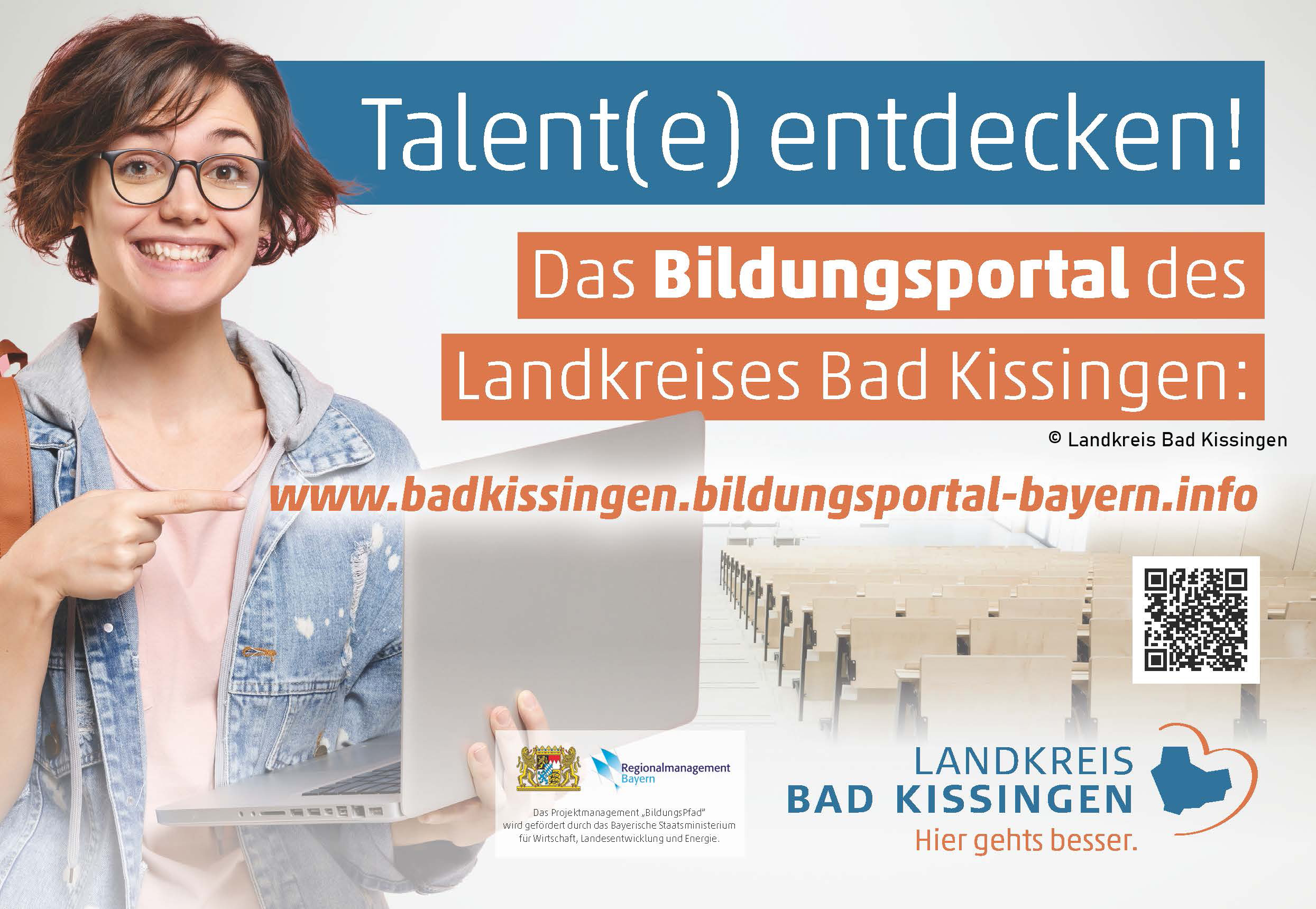 Werbefoto des Landkreis Bad Kissingen. Darauf steht: "Talent(e) entdecken! Das Bildungsportal des Landkreises Bad Kissingen: www.badkissingen.bildungsportal-bayern.info"