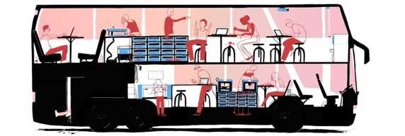 Graphische Darstellung eines Querschnits durch einen Bus. Darin wird gearbeitet, gelernt und diskutiert.